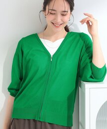 SHOO・LA・RUE | 【7分袖/洗濯機可/S-LL】程よいVネックですっきり魅せる ジップアップ シアーカーディガン(カーディガン/ボレロ)