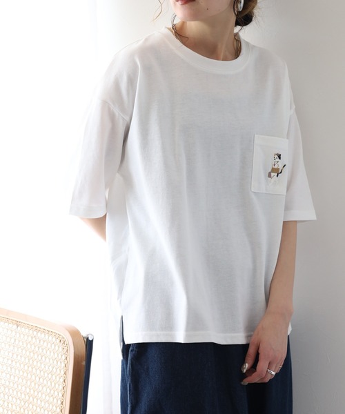 FUNALIVE(ファンアライブ)の「腹巻きねこTシャツ 半袖(Tシャツ/カットソー・レディース・ミント/オフホワイト/チャコールグレー・L/M)」の5枚目の写真