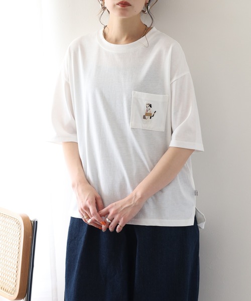 FUNALIVE(ファンアライブ)の「腹巻きねこTシャツ 半袖(Tシャツ/カットソー・レディース・ミント/オフホワイト/チャコールグレー・L/M)」の7枚目の写真