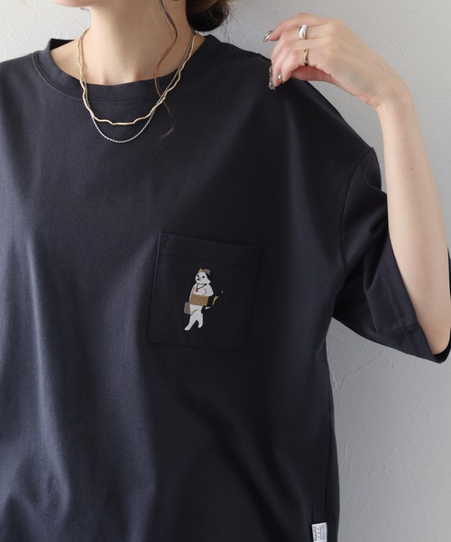 FUNALIVE(ファンアライブ)の「腹巻きねこTシャツ 半袖(Tシャツ/カットソー・レディース・ミント/オフホワイト/チャコールグレー・L/M)」の10枚目の写真