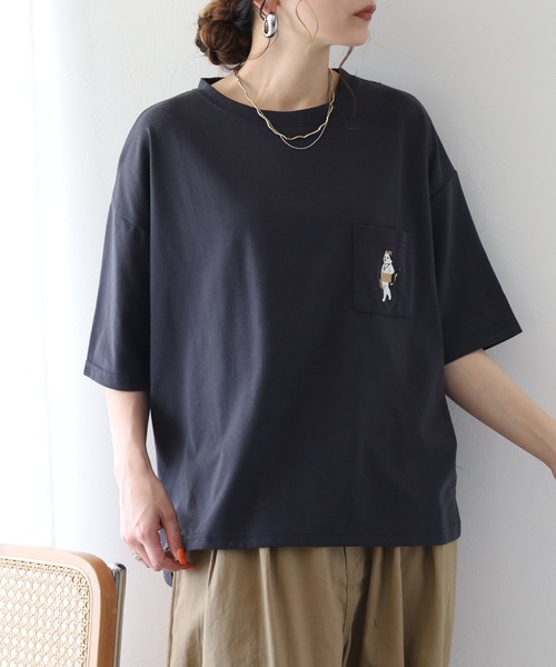 FUNALIVE(ファンアライブ)の「腹巻きねこTシャツ 半袖(Tシャツ/カットソー・レディース・ミント/オフホワイト/チャコールグレー・L/M)」の12枚目の写真