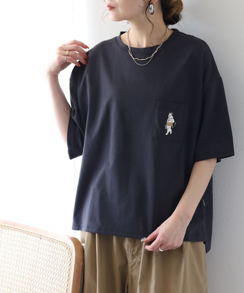 FUNALIVE(ファンアライブ)の「腹巻きねこTシャツ 半袖(Tシャツ/カットソー・レディース・ミント/オフホワイト/チャコールグレー・L/M)」の13枚目の写真