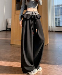 ワイドパンツ フリルウエスト ハイウエスト ロング丈 無地 ゆったり