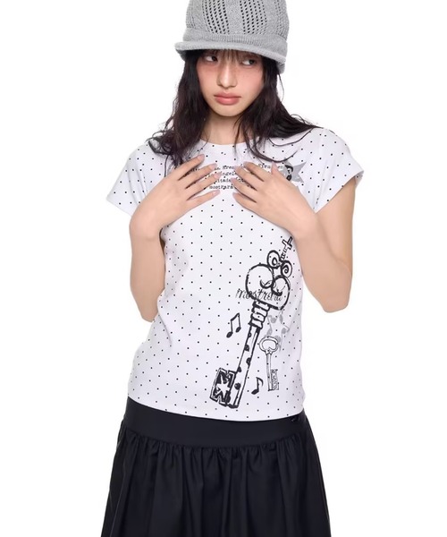 AsheKsha(アシクシャ)の「ドット柄プリント半袖Tシャツトップス(Tシャツ/カットソー・レディース・ホワイト・M)」の5枚目の写真
