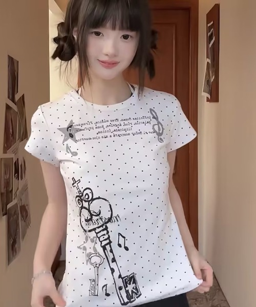 AsheKsha(アシクシャ)の「ドット柄プリント半袖Tシャツトップス(Tシャツ/カットソー・レディース・ホワイト・M)」の14枚目の写真