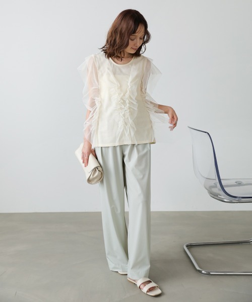 Bab（バブ）の「チュールギャザーノースリーブトップス（Tシャツ/カットソー・レディース・グレイッシュベージュ/チャコールグレー/アイボリー・FREE）」の6枚目の写真