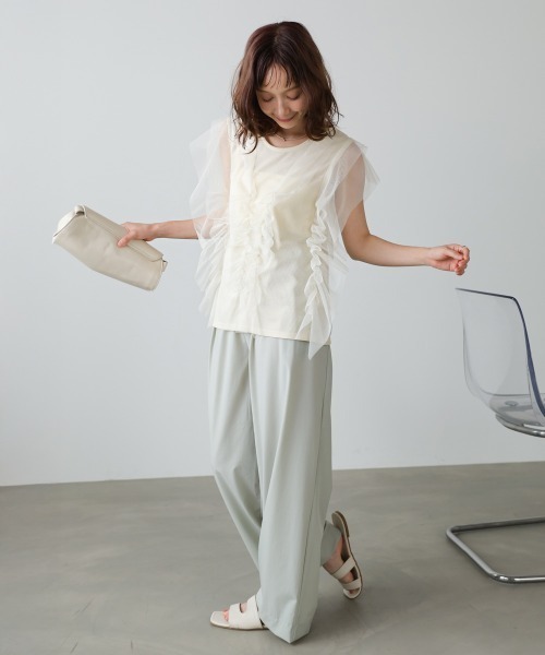 Bab（バブ）の「チュールギャザーノースリーブトップス（Tシャツ/カットソー・レディース・グレイッシュベージュ/チャコールグレー/アイボリー・FREE）」の9枚目の写真