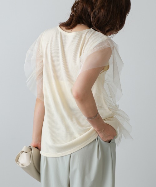 Bab（バブ）の「チュールギャザーノースリーブトップス（Tシャツ/カットソー・レディース・グレイッシュベージュ/チャコールグレー/アイボリー・FREE）」の10枚目の写真