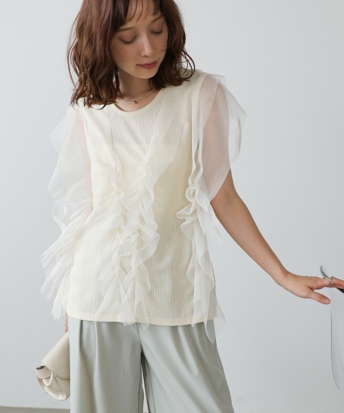 Bab（バブ）の「チュールギャザーノースリーブトップス（Tシャツ/カットソー・レディース・グレイッシュベージュ/チャコールグレー/アイボリー・FREE）」の13枚目の写真