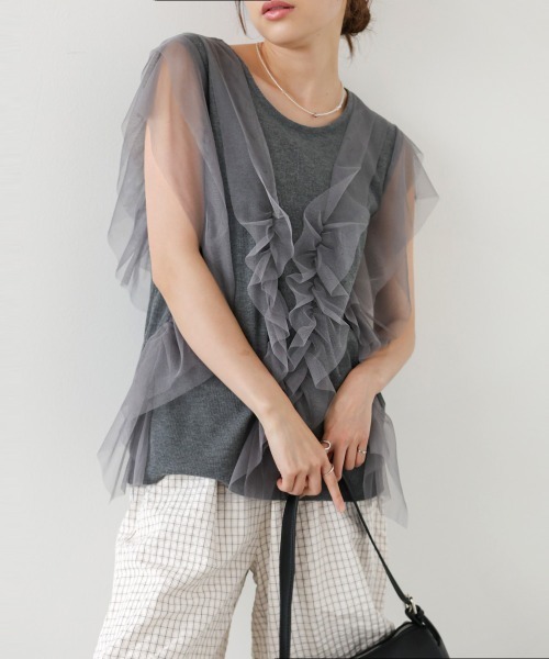 Bab（バブ）の「チュールギャザーノースリーブトップス（Tシャツ/カットソー・レディース・グレイッシュベージュ/チャコールグレー/アイボリー・FREE）」の17枚目の写真
