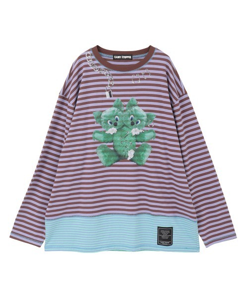 Candy Stripper 犬プリント 長袖カットソー ミントグリーン2 FREAK CAT BORDER トップス（Tシャツ/カットソー）｜Candy Stripper