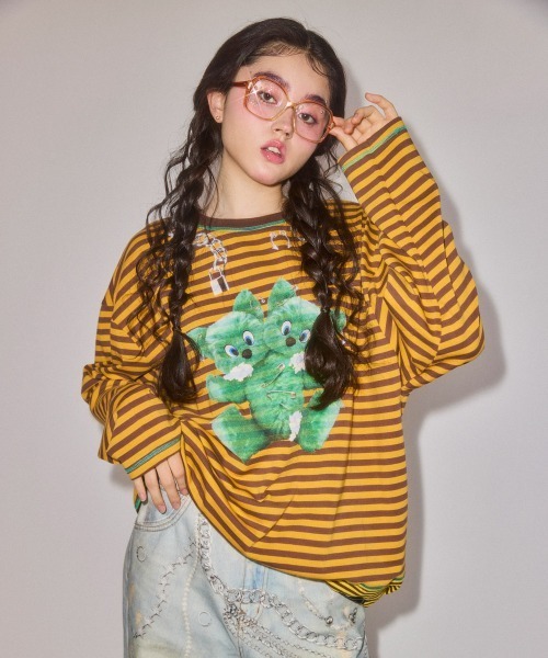 Candy Stripper（キャンディストリッパー）の「FREAK CAT BORDER トップス（Tシャツ/カットソー・レディース・マスタード/ブラック/パープル・FREE）」の4枚目の写真