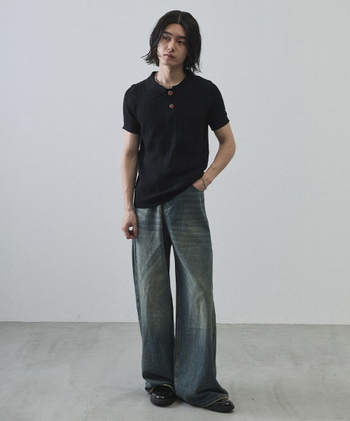 Shoowtime（ショウタイム）の「Floral Button Jacquard Knit Polo Short Sleeve Pullover / フラワーボタンジャガードクロップドニットポロ半袖プルオーバー（ニット/セーター・メンズ・ブラック/グレー・MEDIUM/LARGE/X-LARGE）」の6枚目の写真