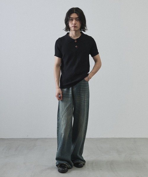 Shoowtime（ショウタイム）の「Floral Button Jacquard Knit Polo Short Sleeve Pullover / フラワーボタンジャガードクロップドニットポロ半袖プルオーバー（ニット/セーター・メンズ・ブラック/グレー・MEDIUM/LARGE/X-LARGE）」の7枚目の写真