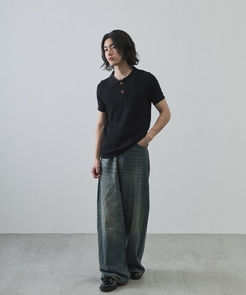 Shoowtime（ショウタイム）の「Floral Button Jacquard Knit Polo Short Sleeve Pullover / フラワーボタンジャガードクロップドニットポロ半袖プルオーバー（ニット/セーター・メンズ・ブラック/グレー・MEDIUM/LARGE/X-LARGE）」の8枚目の写真