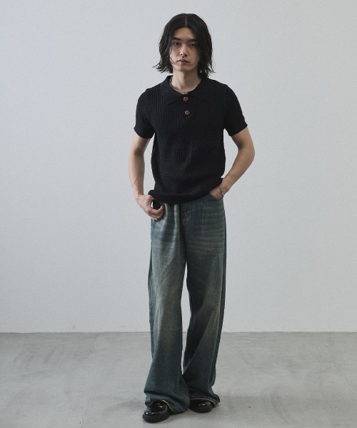 Shoowtime（ショウタイム）の「Floral Button Jacquard Knit Polo Short Sleeve Pullover / フラワーボタンジャガードクロップドニットポロ半袖プルオーバー（ニット/セーター・メンズ・ブラック/グレー・MEDIUM/LARGE/X-LARGE）」の9枚目の写真