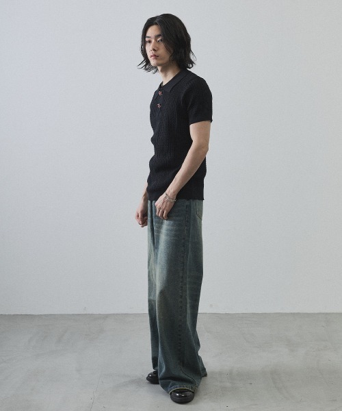 Shoowtime（ショウタイム）の「Floral Button Jacquard Knit Polo Short Sleeve Pullover / フラワーボタンジャガードクロップドニットポロ半袖プルオーバー（ニット/セーター・メンズ・ブラック/グレー・MEDIUM/LARGE/X-LARGE）」の10枚目の写真