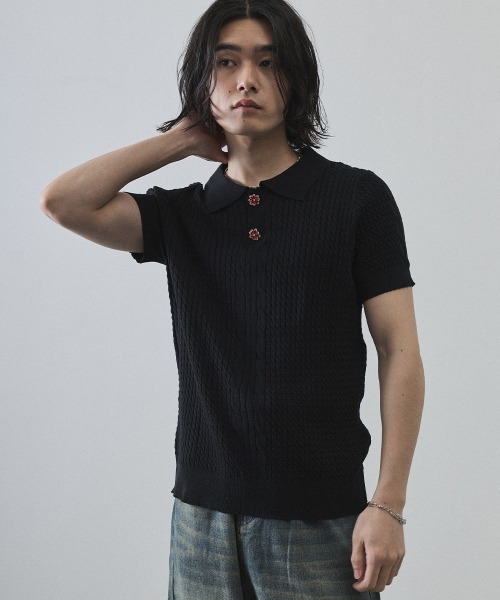Shoowtime（ショウタイム）の「Floral Button Jacquard Knit Polo Short Sleeve Pullover / フラワーボタンジャガードクロップドニットポロ半袖プルオーバー（ニット/セーター・メンズ・ブラック/グレー・MEDIUM/LARGE/X-LARGE）」の16枚目の写真