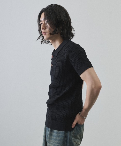 Shoowtime（ショウタイム）の「Floral Button Jacquard Knit Polo Short Sleeve Pullover / フラワーボタンジャガードクロップドニットポロ半袖プルオーバー（ニット/セーター・メンズ・ブラック/グレー・MEDIUM/LARGE/X-LARGE）」の18枚目の写真