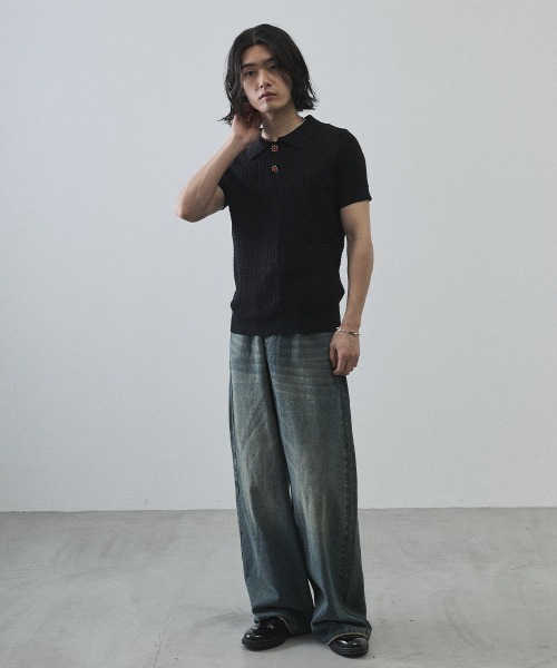Shoowtime（ショウタイム）の「Floral Button Jacquard Knit Polo Short Sleeve Pullover / フラワーボタンジャガードクロップドニットポロ半袖プルオーバー（ニット/セーター・メンズ・ブラック/グレー・MEDIUM/LARGE/X-LARGE）」の20枚目の写真
