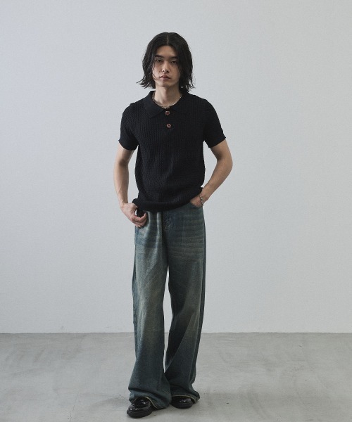 Shoowtime（ショウタイム）の「Floral Button Jacquard Knit Polo Short Sleeve Pullover / フラワーボタンジャガードクロップドニットポロ半袖プルオーバー（ニット/セーター・メンズ・ブラック/グレー・MEDIUM/LARGE/X-LARGE）」の21枚目の写真