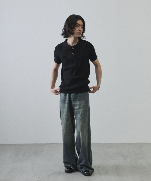 Shoowtime（ショウタイム）の「Floral Button Jacquard Knit Polo Short Sleeve Pullover / フラワーボタンジャガードクロップドニットポロ半袖プルオーバー（ニット/セーター・メンズ・ブラック/グレー・MEDIUM/LARGE/X-LARGE）」の22枚目の写真