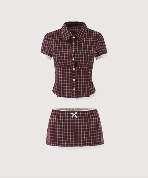 LA POMME petit(ラポミ・プチ)の「Sweet Plaid Lace Piping Shirt Set Up/スウィートチェック柄レースパイピングシャツセットアップ(セットアップ・レディース・ホワイト/ブルー/ブラウン・LARGE/SMALL/MEDIUM)」の2枚目の写真