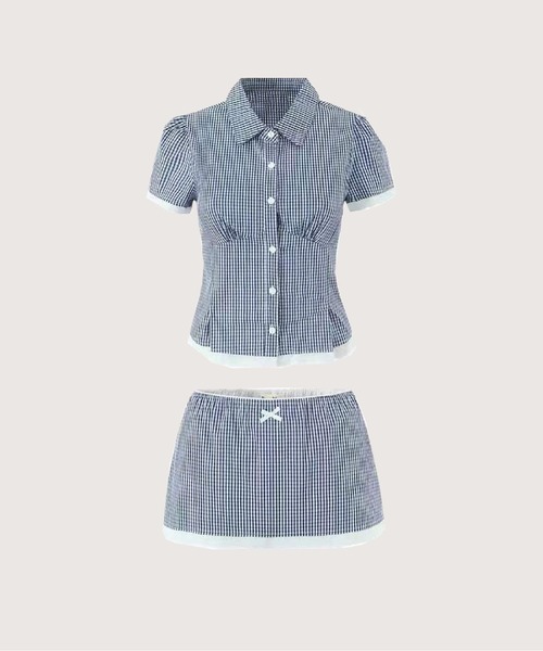 LA POMME petit(ラポミ・プチ)の「Sweet Plaid Lace Piping Shirt Set Up/スウィートチェック柄レースパイピングシャツセットアップ(セットアップ・レディース・ホワイト/ブルー/ブラウン・LARGE/SMALL/MEDIUM)」の3枚目の写真