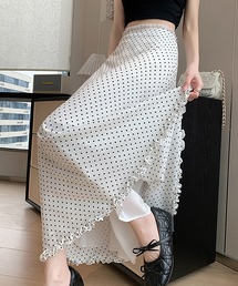 ドット柄フリル付きロングスカート