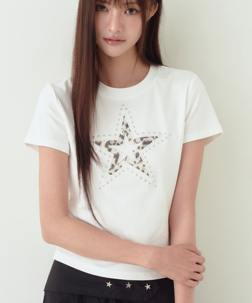 THE GREEN LAB（ザグリーンラボ）の「レオパードスターパッチ半袖Tシャツ[ホワイト]（Tシャツ/カットソー・レディース・その他・FREE）」の2枚目の写真