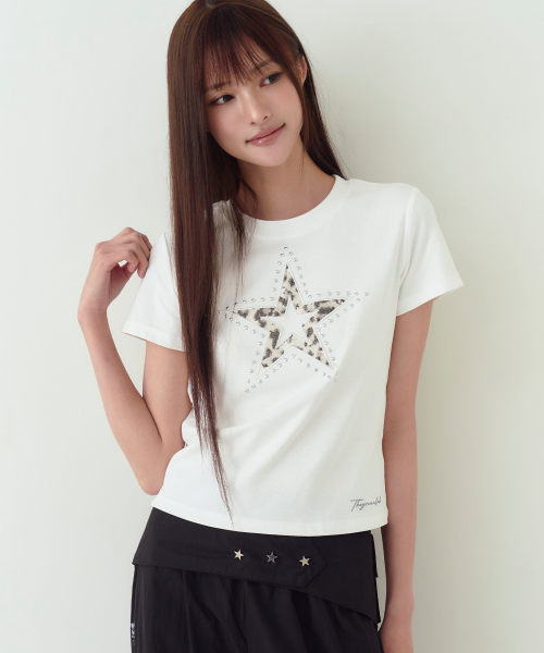 THE GREEN LAB（ザグリーンラボ）の「レオパードスターパッチ半袖Tシャツ[ホワイト]（Tシャツ/カットソー・レディース・その他・FREE）」の5枚目の写真
