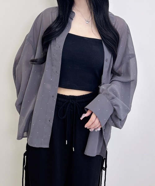 INGNI(イング)の「ラインストーン付シアーシャツ(シャツ/ブラウス・レディース・チャコールグレー/オフホワイト/ブルー・M)」の1枚目の写真