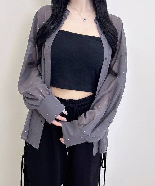 INGNI(イング)の「ラインストーン付シアーシャツ(シャツ/ブラウス・レディース・チャコールグレー/オフホワイト/ブルー・M)」の10枚目の写真