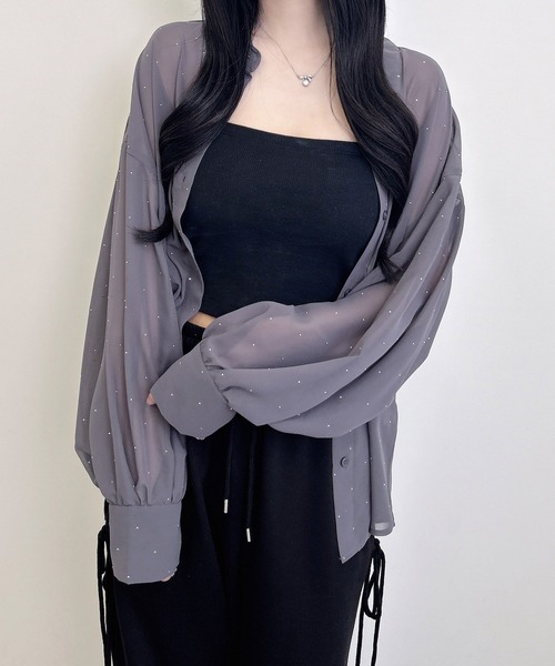 INGNI(イング)の「ラインストーン付シアーシャツ(シャツ/ブラウス・レディース・チャコールグレー/オフホワイト/ブルー・M)」の11枚目の写真