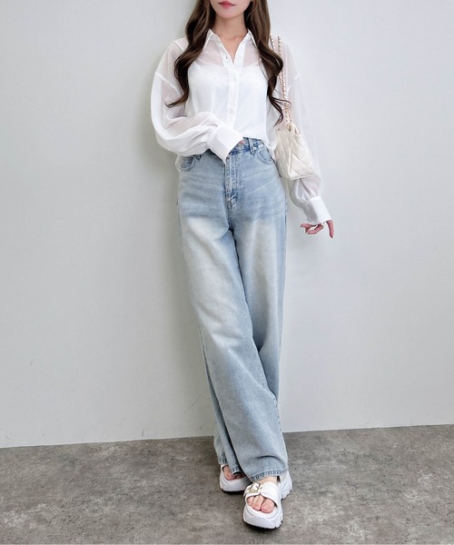 INGNI(イング)の「ラインストーン付シアーシャツ(シャツ/ブラウス・レディース・チャコールグレー/オフホワイト/ブルー・M)」の8枚目の写真