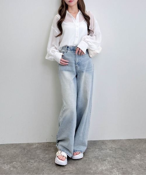 INGNI(イング)の「ラインストーン付シアーシャツ(シャツ/ブラウス・レディース・チャコールグレー/オフホワイト/ブルー・M)」の9枚目の写真