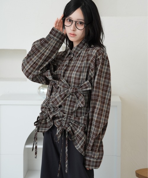 kutir(クティール)の「アソートドロストリボンシャツ(シャツ/ブラウス・レディース・ネイビー/サックスブルー/ブラウン/チャコールグレー/ライトグリーン/ホワイト/ダークグレー・FREE)」の5枚目の写真