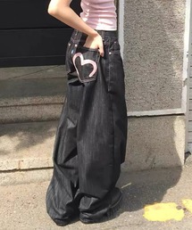 ハートプリント ワイドシルエット スタイルアップ デニムパンツ