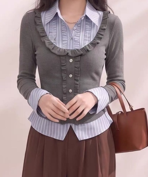 Teem Store(チームストア)の「レイヤード風ストライプドッキングトップス(Tシャツ/カットソー・レディース・グレー/ネイビー/ブラック・M)」の9枚目の写真