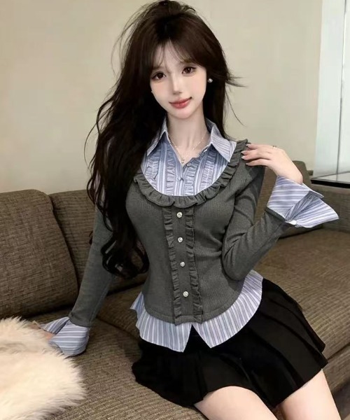 Teem Store(チームストア)の「レイヤード風ストライプドッキングトップス(Tシャツ/カットソー・レディース・グレー/ネイビー/ブラック・M)」の6枚目の写真