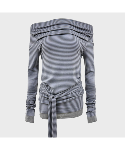 PLASMASPHERE(プラズマスフィア)の「ウィロー ボートネック ドレープ ストライプ オフショルダー ラップ ロングスリーブ Tシャツ_2COLOR(Tシャツ/カットソー・レディース・ダークグレー/ライトグレー・FREE)」の1枚目の写真