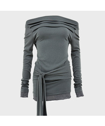 ウィロー ボートネック ドレープ ストライプ オフショルダー ラップ ロングスリーブ Tシャツ_2COLOR
