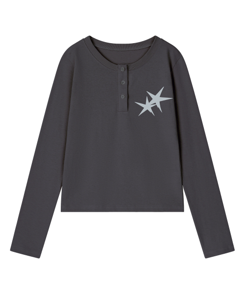 GRAVER ORDINARY（グレイバーオーディナリー）の「[ODNR UNISEX] Small Twins Star ヘンリーネック ロングスリーブ 長袖Tシャツ_3color（Tシャツ/カットソー・レディース・ブラック/チャコール/ベージュ・LARGE/MEDIUM）」の13枚目の写真