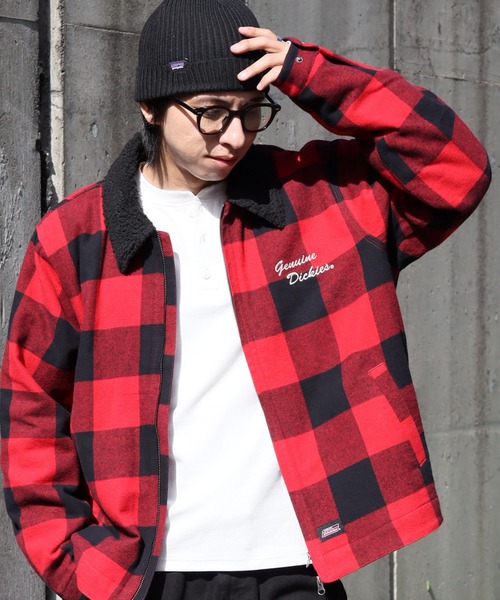 stina 長袖レオタード チェック柄 赤、黒 GENUINE DICKIES/ジェニュインディッキーズ】チェック襟ボア裏キルト