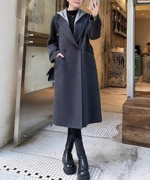 フード付き チャコールグレー ウールロングコート