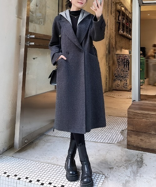 フード付き チャコールグレー ウールロングコート（その他アウター