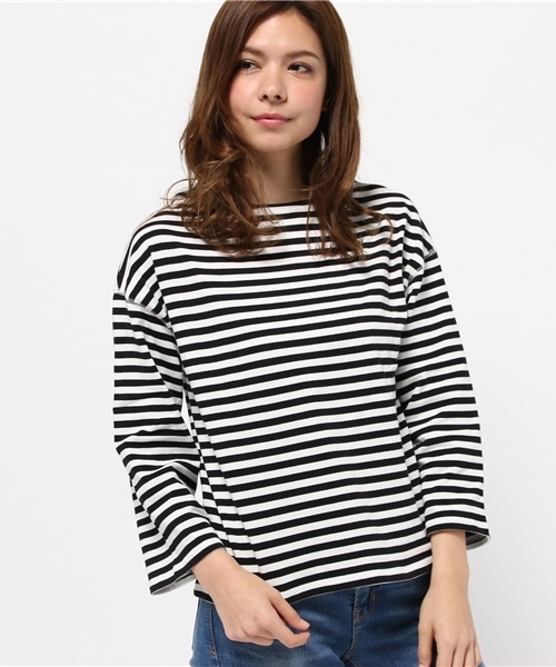 mystic（ミスティック）の「【mystic】ソデフレアプルオーバーボーダー（Tシャツ/カットソー・レディース・オフホワイト/ベージュ/ピンク・ﾌﾘ-）」の2枚目の写真