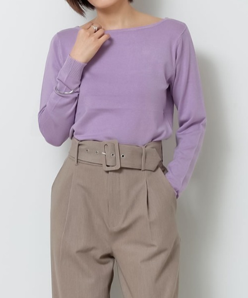 Re:EDIT（リエディ）の「お家で洗えるレーヨンナイロンボートネックハイゲージニットトップス（ニット/セーター・レディース・グレー/ブラック/サックスブルー/ホワイト×ブラック/プラム/ラベンダー/ピンク/ベージュ/ネイビー/ホワイト/パープル/イエロー/レッド/カーキ/モカ/マスタード/ブルー/ブラウン/オレンジ/グリーン/ワイン・LARGE/MEDIUM）」の14枚目の写真