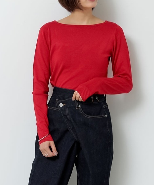 Re:EDIT（リエディ）の「お家で洗えるレーヨンナイロンボートネックハイゲージニットトップス（ニット/セーター・レディース・グレー/ブラック/サックスブルー/ホワイト×ブラック/プラム/ラベンダー/ピンク/ベージュ/ネイビー/ホワイト/パープル/イエロー/レッド/カーキ/モカ/マスタード/ブルー/ブラウン/オレンジ/グリーン/ワイン・LARGE/MEDIUM）」の19枚目の写真