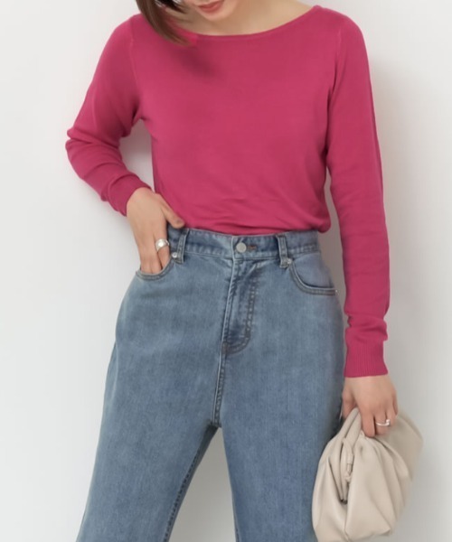 Re:EDIT（リエディ）の「お家で洗えるレーヨンナイロンボートネックハイゲージニットトップス（ニット/セーター・レディース・グレー/ブラック/サックスブルー/ホワイト×ブラック/プラム/ラベンダー/ピンク/ベージュ/ネイビー/ホワイト/パープル/イエロー/レッド/カーキ/モカ/マスタード/ブルー/ブラウン/オレンジ/グリーン/ワイン・LARGE/MEDIUM）」の15枚目の写真